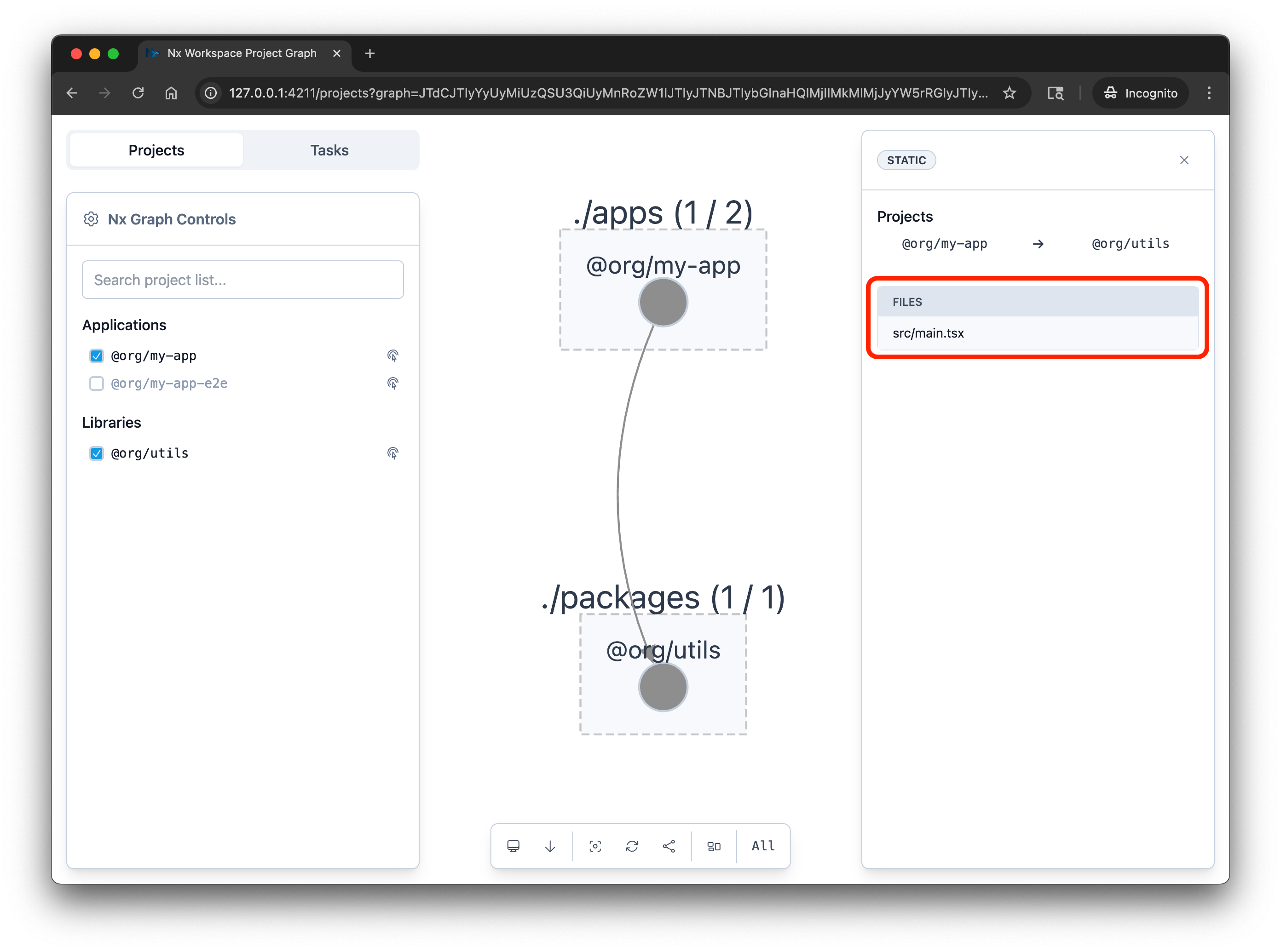 Project graph showing @my-workspace/my-app depending on @my-workspace/utils, with the edge selected and the sidebar listing the specific files that create the dependency